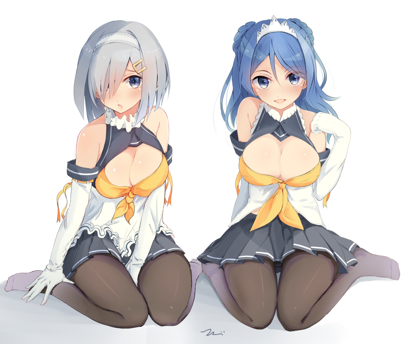 bikini_top cleavage hamakaze_(kancolle) kantai_collection open_shirt pantyhose swimsuits tbd11 urakaze_(kancolle)