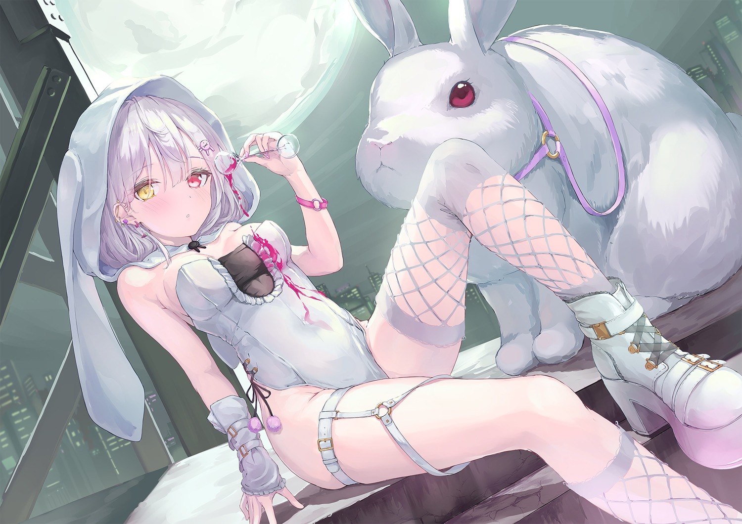 animal_ears bunny_ears fishnets garter heels heterochromia leotard no_bra parfait thighhighs