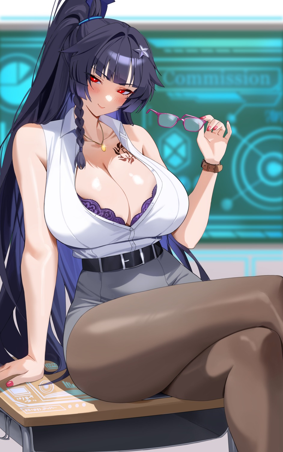 bra ddog megane open_shirt pantyhose tatakau_ataisuru tattoo yamaguchi_ryouko