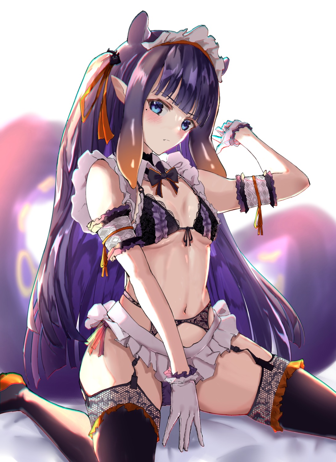 aleth bra garter_belt hololive hololive_english maid ninomae_ina'nis pantsu pointy_ears stockings thighhighs