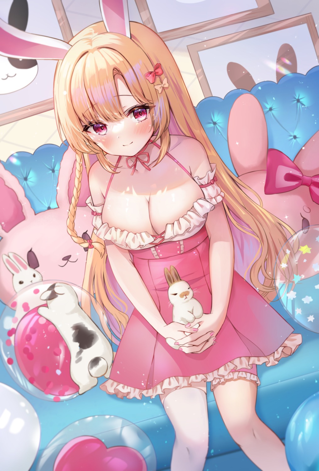 animal_ears bunny_ears dress no_bra tagme thighhighs