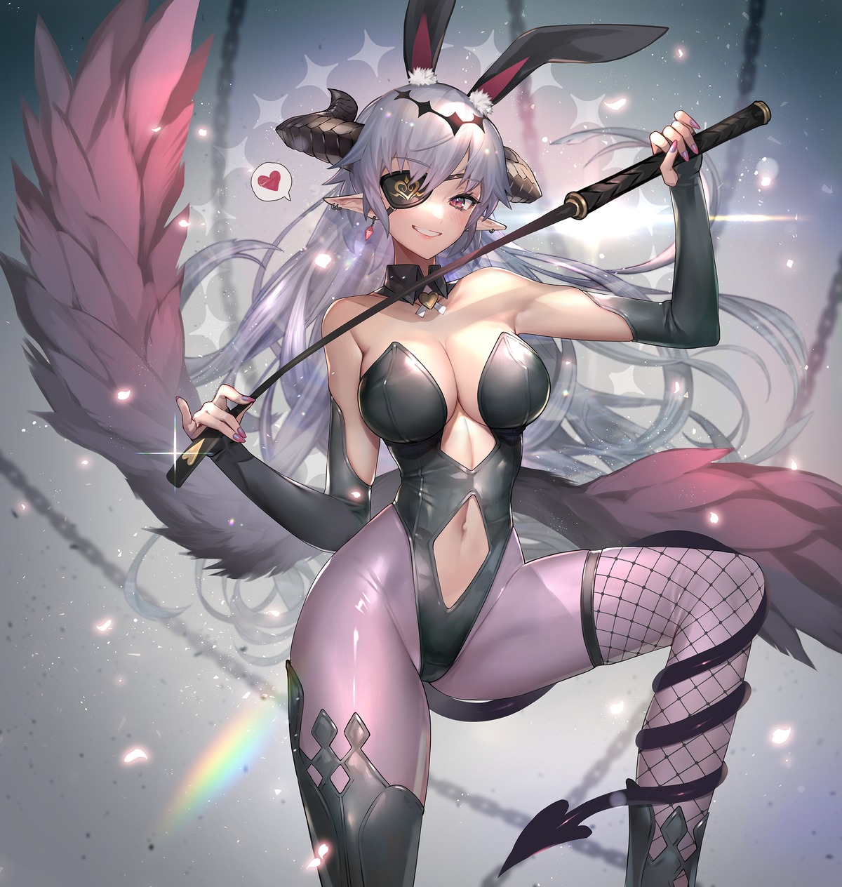 animal_ears bunny_ears bunny_girl eyepatch fishnets hitowa horns pantyhose pointy_ears tail thighhighs weapon wings