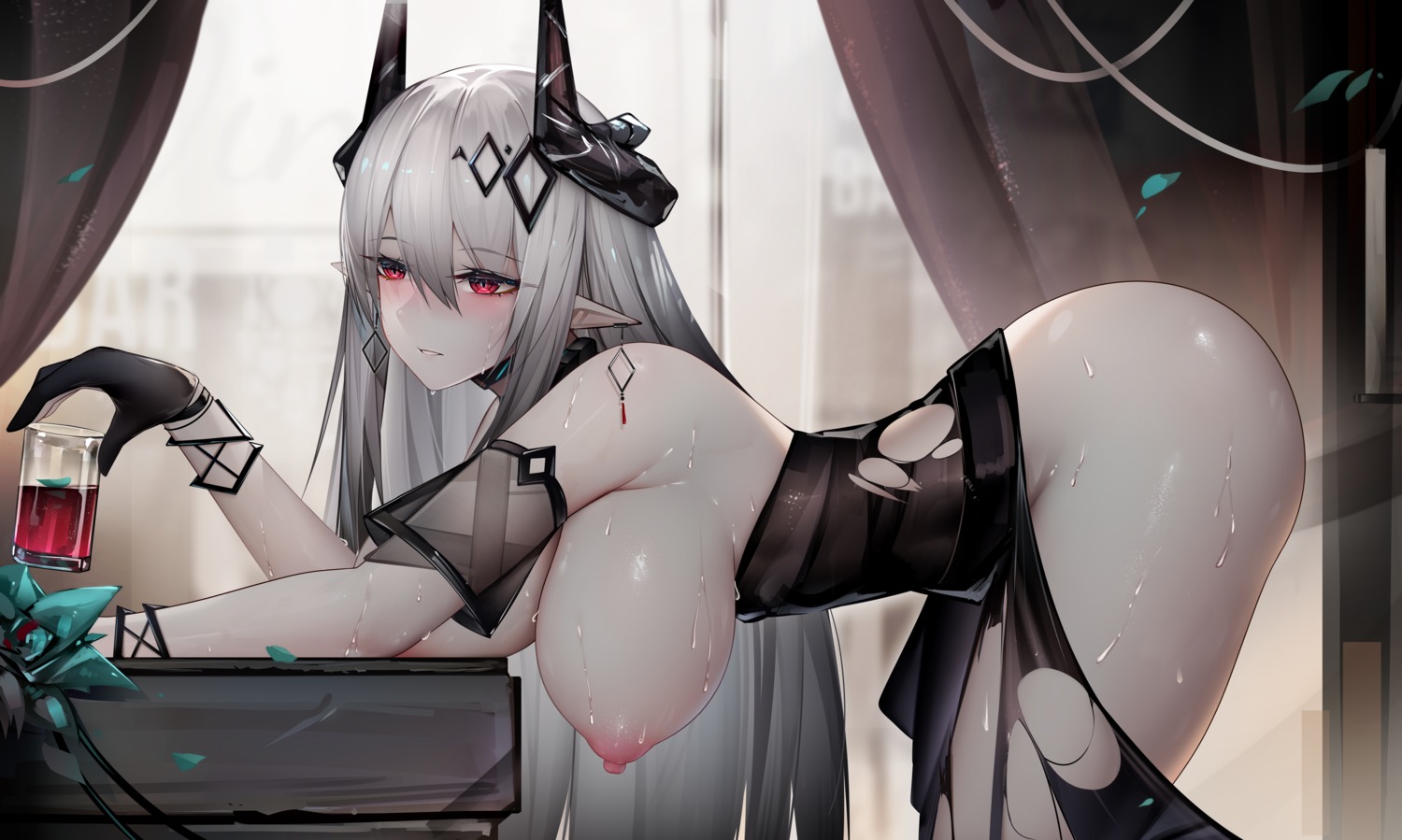 arknights breasts dress horns mudrock_(arknights) nipples no_bra nopan pointy_ears skirt_lift torn_clothes wet zhixue