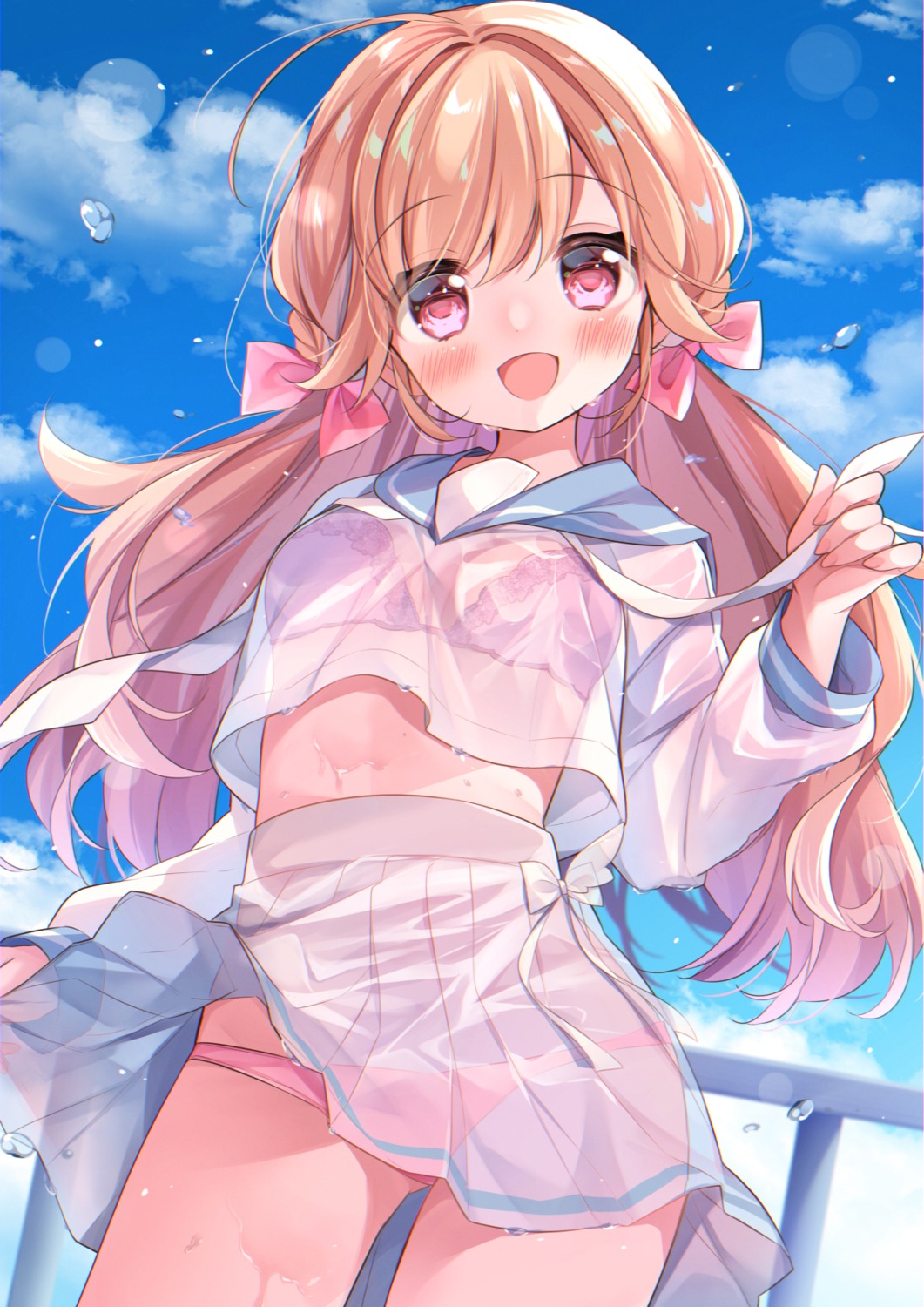 bra gau_(n00_shi) pantsu see_through seifuku skirt_lift wet wet_clothes