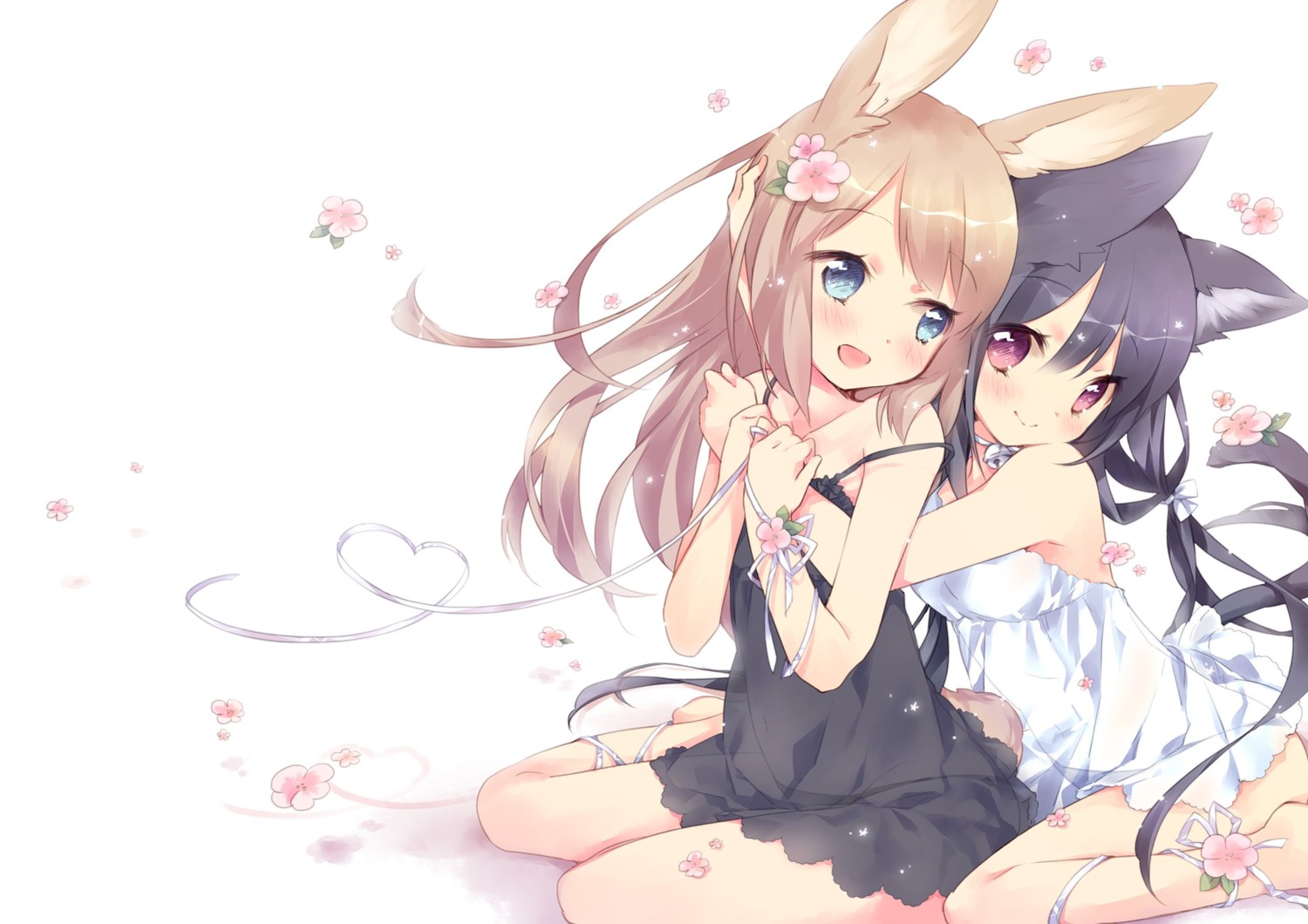 animal_ears bunny_ears dress ech nekomimi see_through tail yuri