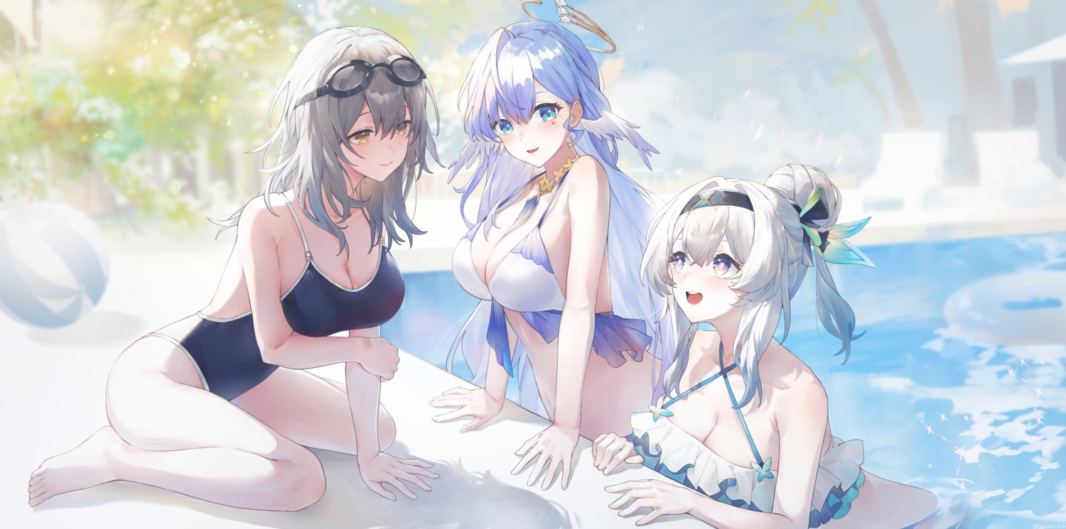 bikini_top cleavage firefly halo honkai:_star_rail megane robin school_swimsuit see_through stelle swimsuits swkl:d wet wings