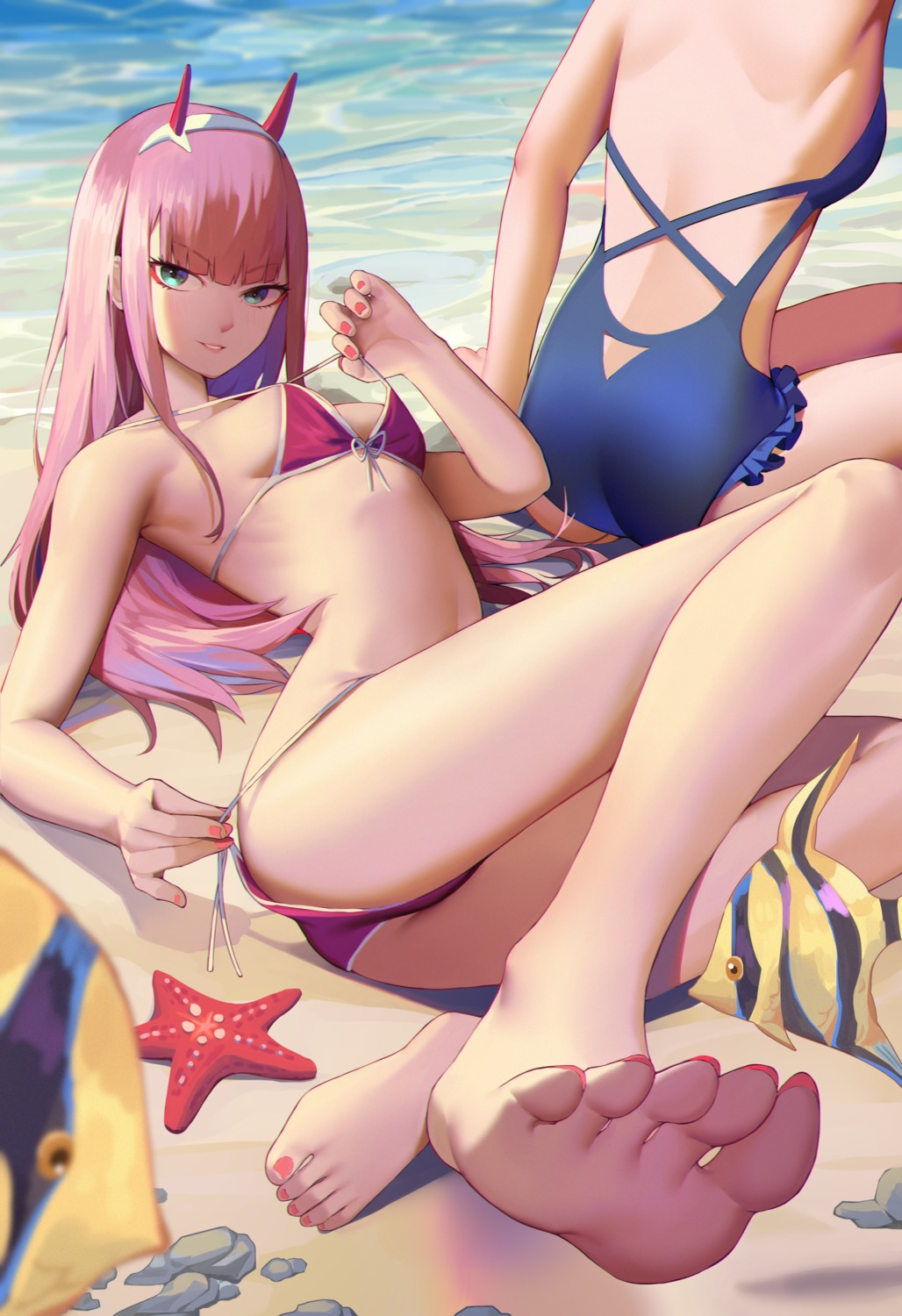 ass bikini darling_in_the_franxx feet horns swimsuits thong undressing xingchee zero_two_(darling_in_the_franxx)