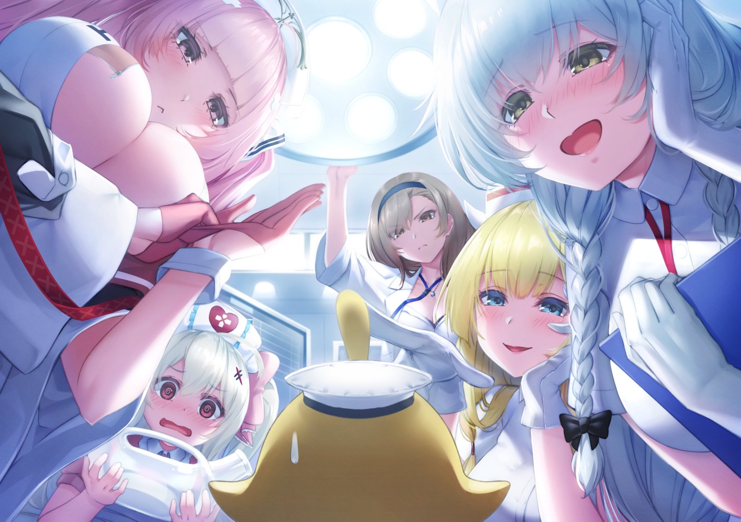 azur_lane cleavage eagle_(azur_lane) hermione_(azur_lane) ken_ill kongou_(azur_lane) manjuu_(azur_lane) no_bra nurse open_shirt perseus_(azur_lane) valiant_(azur_lane)