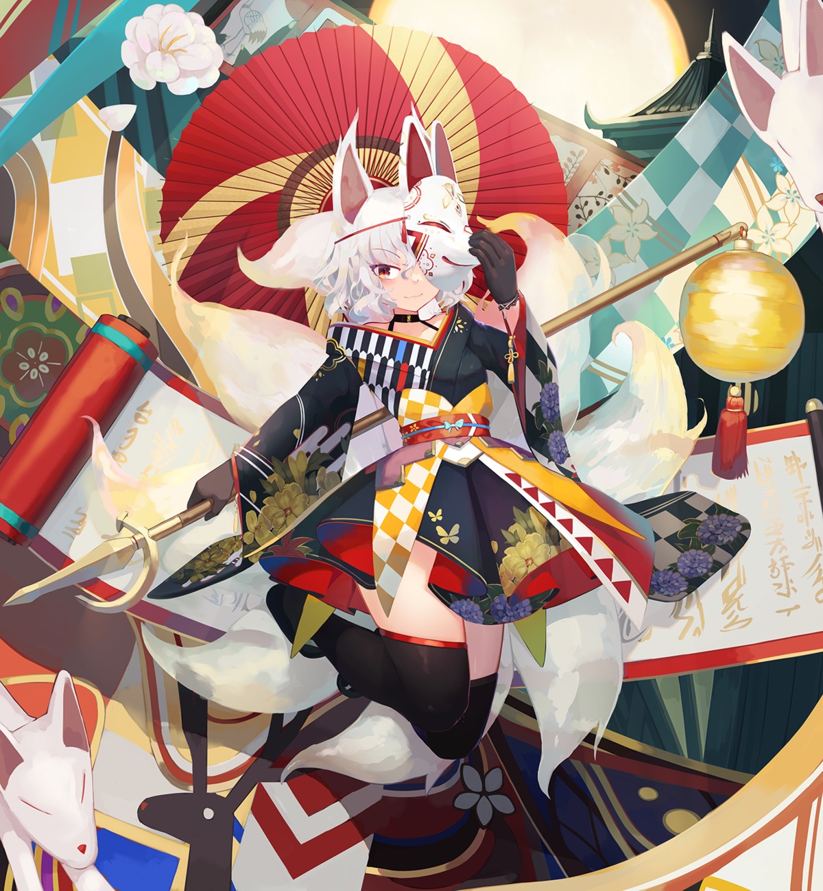 animal_ears japanese_clothes kitsune tagme tail thighhighs umbrella weapon