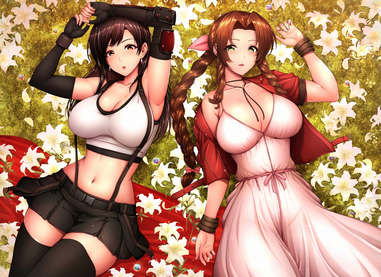 aerith_gainsborough cleavage dress final_fantasy final_fantasy_vii no_bra thighhighs tifa_lockhart umasan