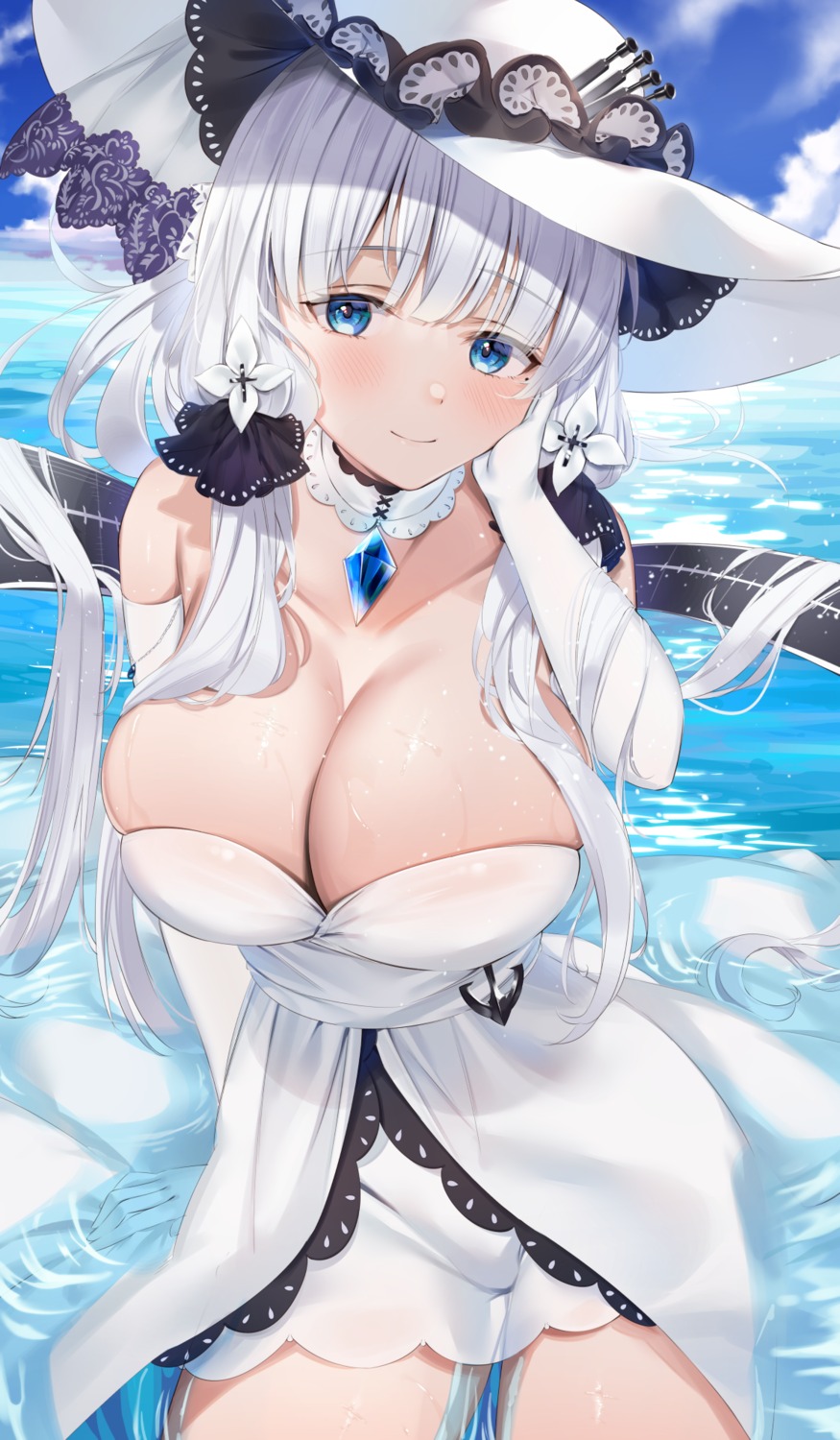 azur_lane dress illustrious_(azur_lane) no_bra see_through sg_(satoumogumogu) wet wet_clothes