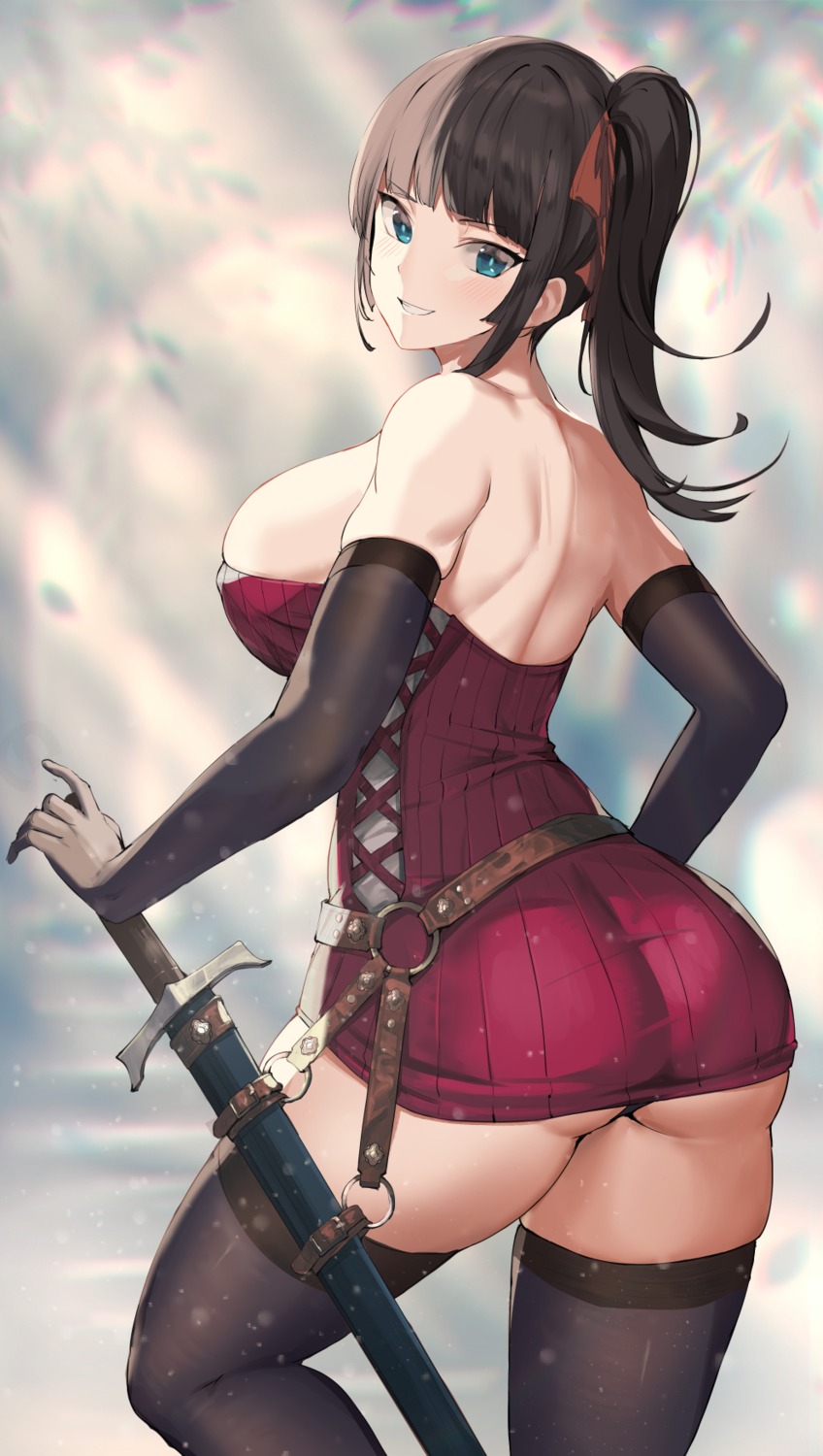 ass dress matsumoto_mitsuaki no_bra pantsu sword thighhighs thong