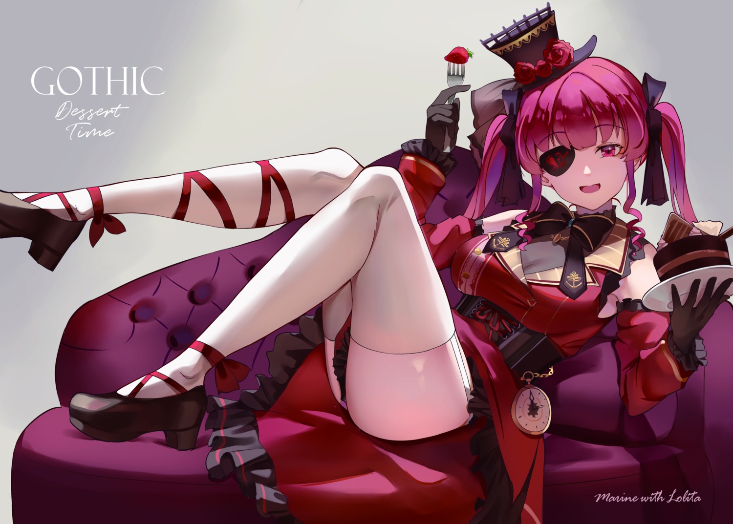 donggua_bing_cha eyepatch heels hololive houshou_marine lolita_fashion skirt_lift stockings thighhighs