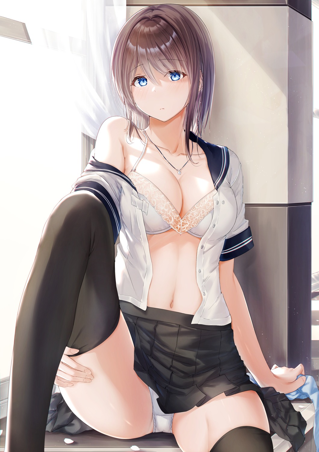 bra cleavage meen_(ouaughikepdvrsf) open_shirt pantsu seifuku skirt_lift thighhighs