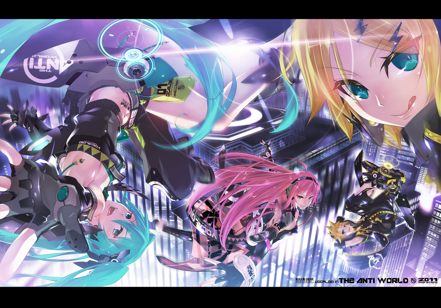 hatsune_miku headphones kagamine_len kagamine_rin megurine_luka monq vocaloid