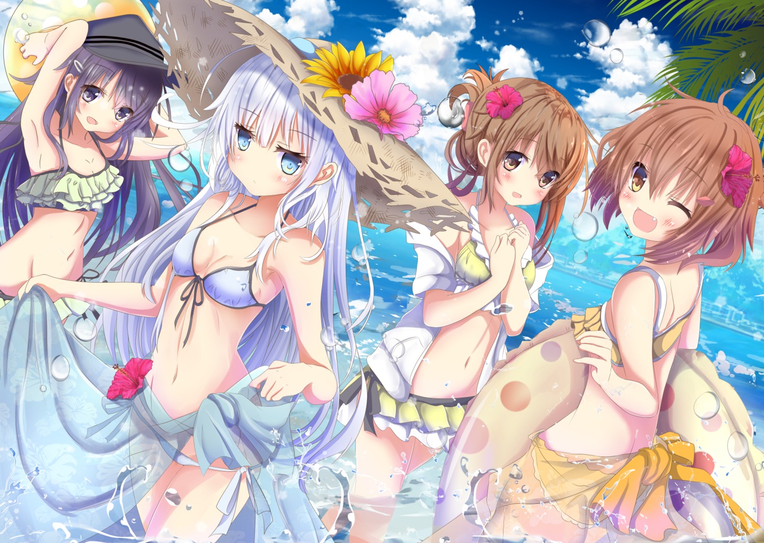 aruka_(alka_p1) ass bikini cleavage hibiki_(kancolle) inazuma_(kancolle) kantai_collection open_shirt see_through skirt_lift swimsuits verniy_(kancolle) wet