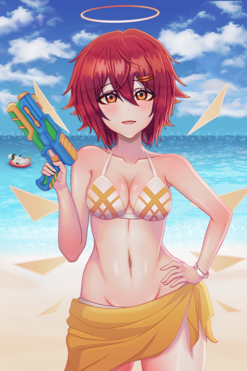 absurd_fox angel arknights bikini cleavage exusiai_(arknights) gun swimsuits wings