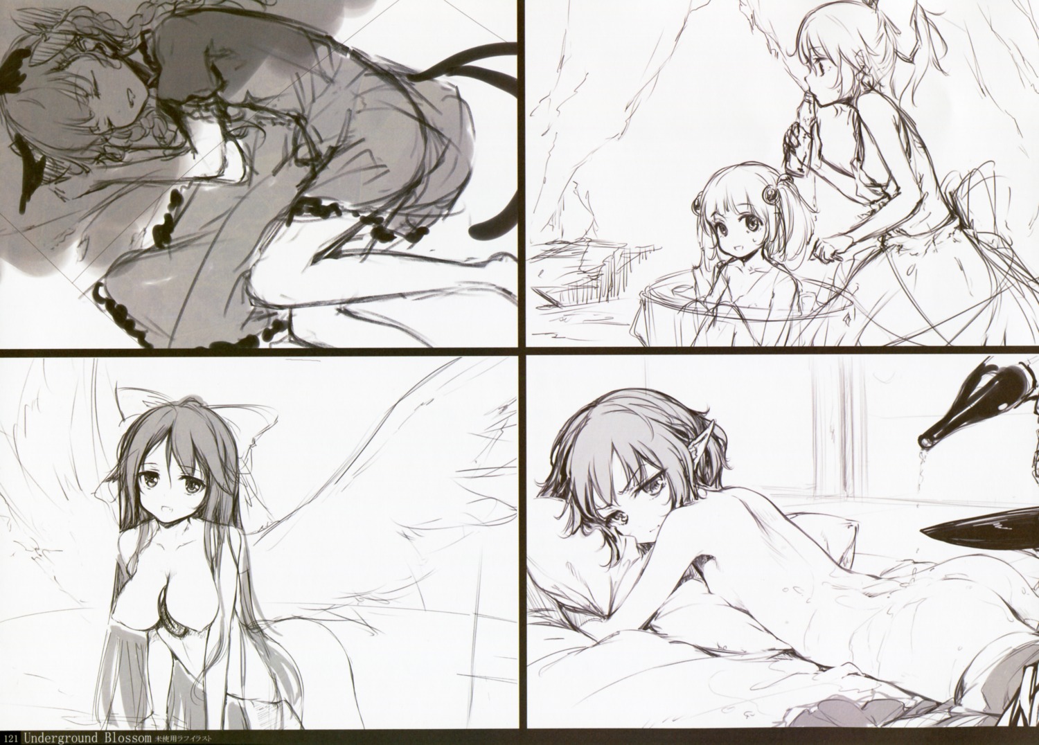 ass gekidoku_shoujo ke-ta loli monochrome naked sake sheets sketch touhou