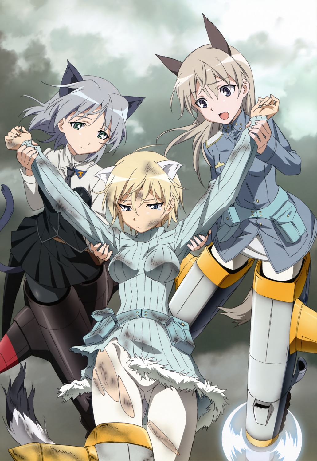 animal_ears dress eila_ilmatar_juutilainen kitsune mecha_musume nekomimi nikka_edvardine_katajainen pantyhose sanya_v_litvyak strike_witches tail torn_clothes uniform yamakawa_kouji