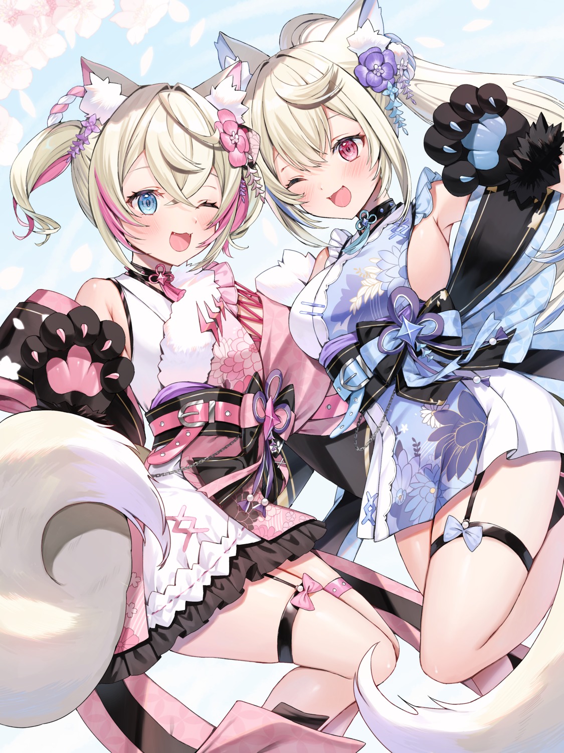 animal_ears fuwawa_abyssgard garter hololive hololive_english inumimi japanese_clothes mococo_abyssgard runlan_0329 tail