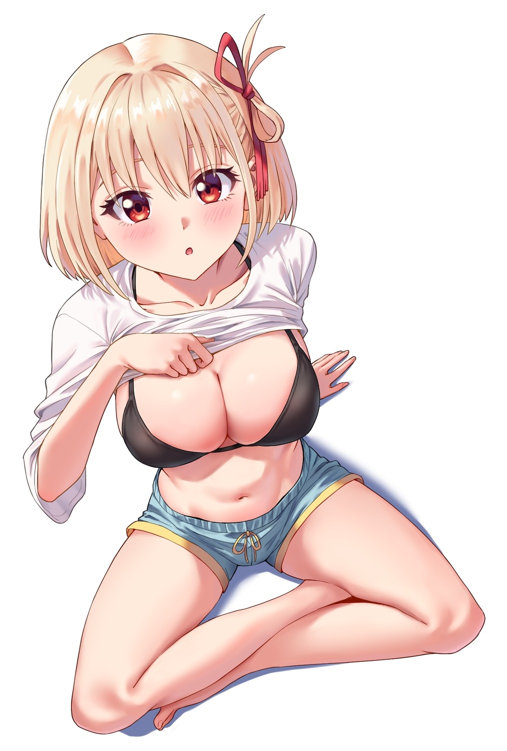 bra kadokadokado lycoris_recoil nishikigi_chisato shirt_lift undressing