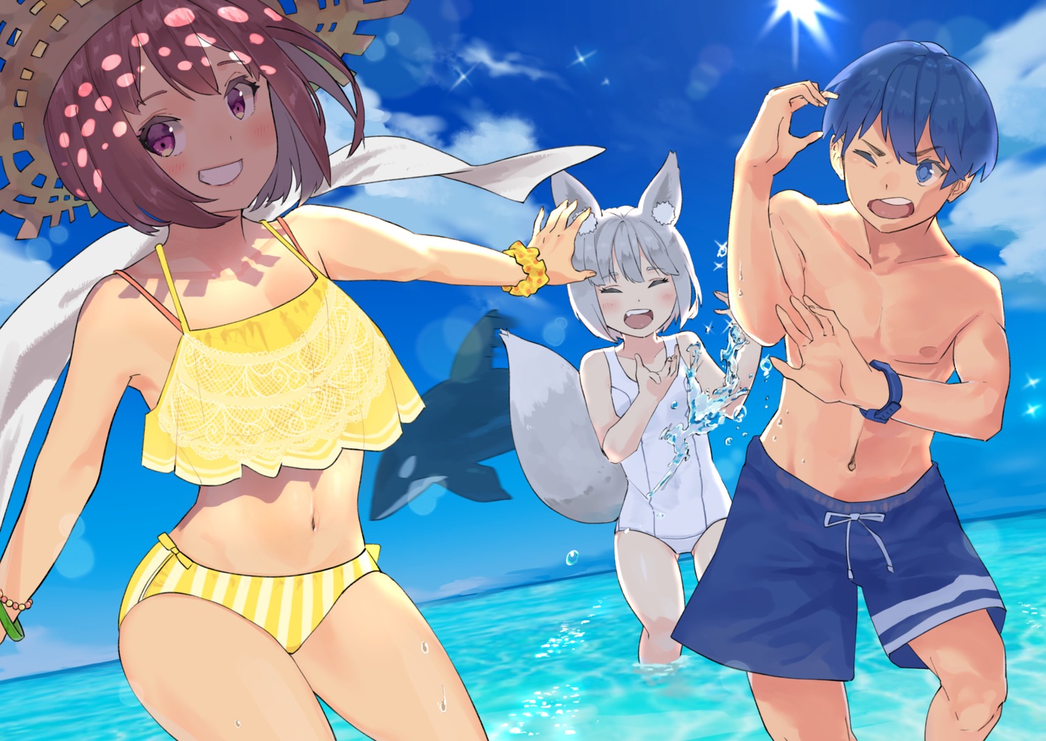 animal_ears bikini cleavage mashiro_kta school_swimsuit see_through swimsuits tail wet