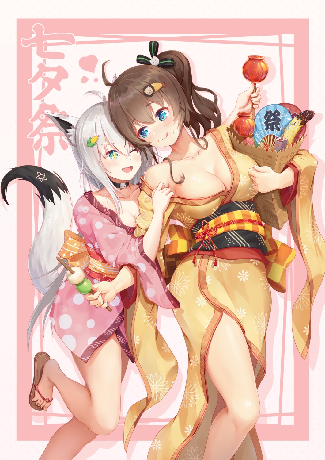 animal_ears catxuan cleavage hololive hololive_gamers kitsune natsuiro_matsuri no_bra open_shirt shirakami_fubuki tail undressing yukata yuri