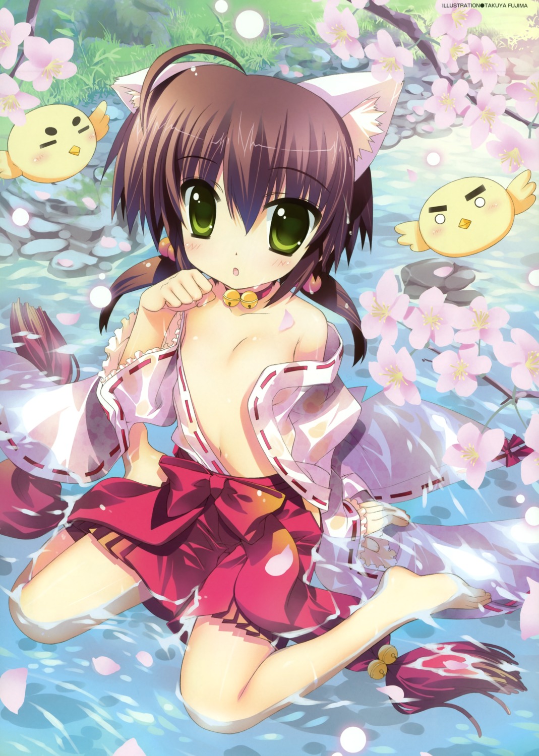 animal_ears fixed fujima_takuya loli miko no_bra open_shirt wet_clothes