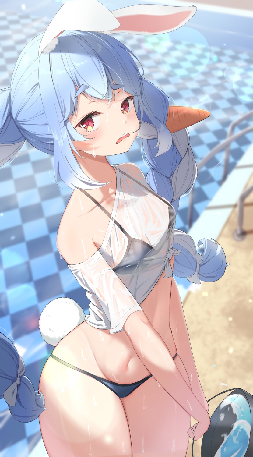 animal_ears bikini bunny_ears hololive see_through swimsuits tail three_twosix usada_pekora wet_clothes