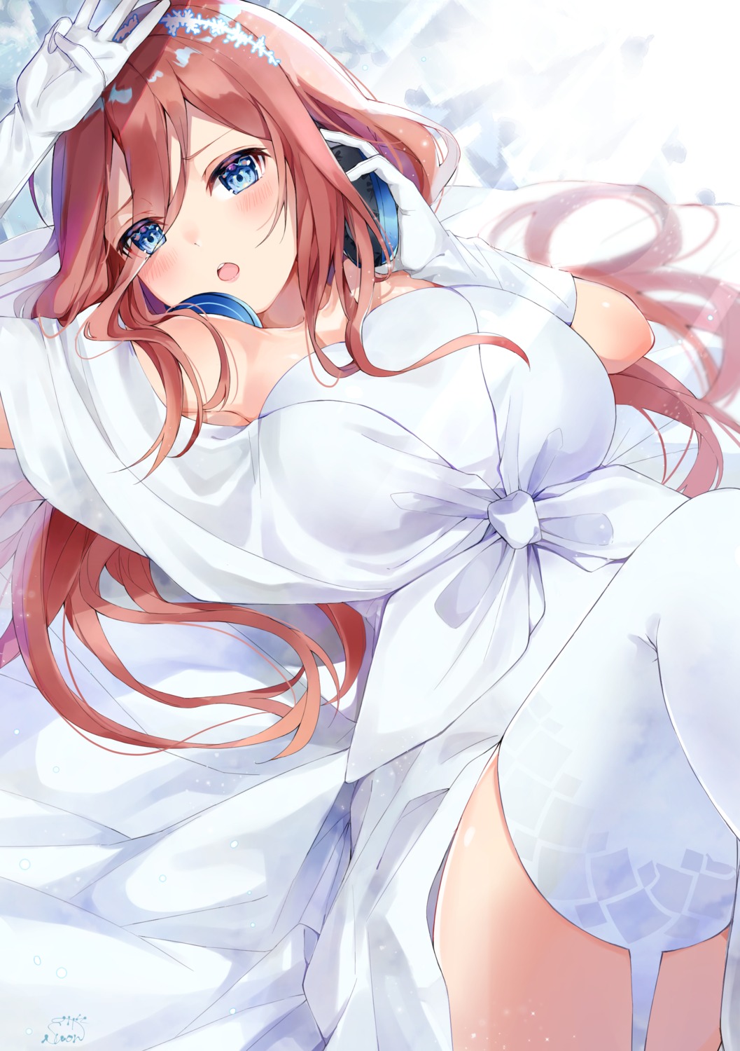 5-toubun_no_hanayome dress headphones machamochi nakano_miku skirt_lift stockings thighhighs wedding_dress