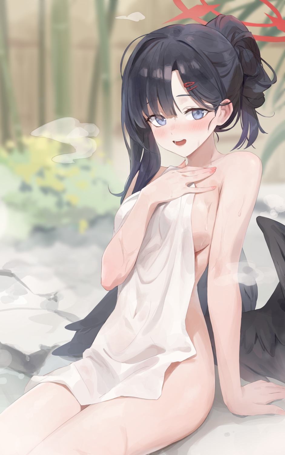 angel blue_archive nakamasa_ichika naked onsen rang_go towel wet wings