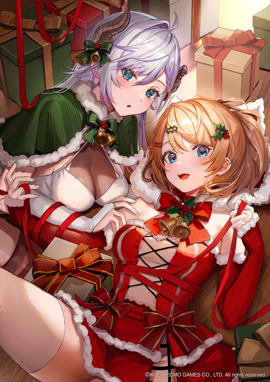 atelier atelier_resleriana christmas hominamia horns koei_tecmo no_bra resna_sternenlicht skirt_lift thighhighs valeria_(atelier)