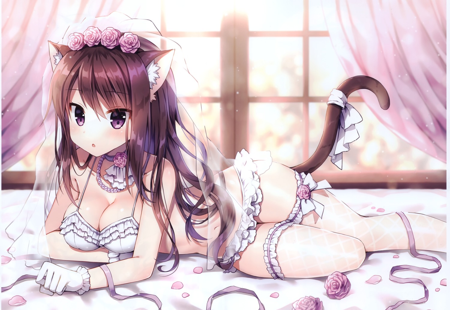 animal_ears bra breast_hold fishnets garter mauve nekomimi pantsu see_through tail thighhighs wata★punch