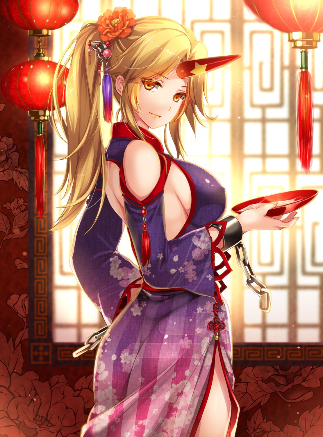 chinadress erect_nipples horns hoshiguma_yuugi monety no_bra sake touhou