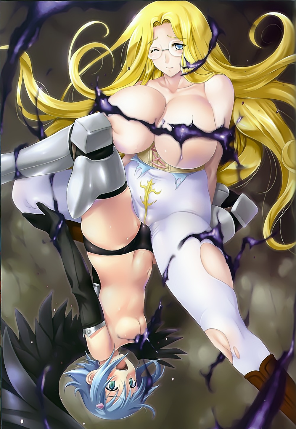 angel areola armor breasts cameltoe cleavage duplicate megane melpha nanael pantsu pantyhose queen's_blade thighhighs topless torn_clothes tribadism wet wings yuri zundarepon