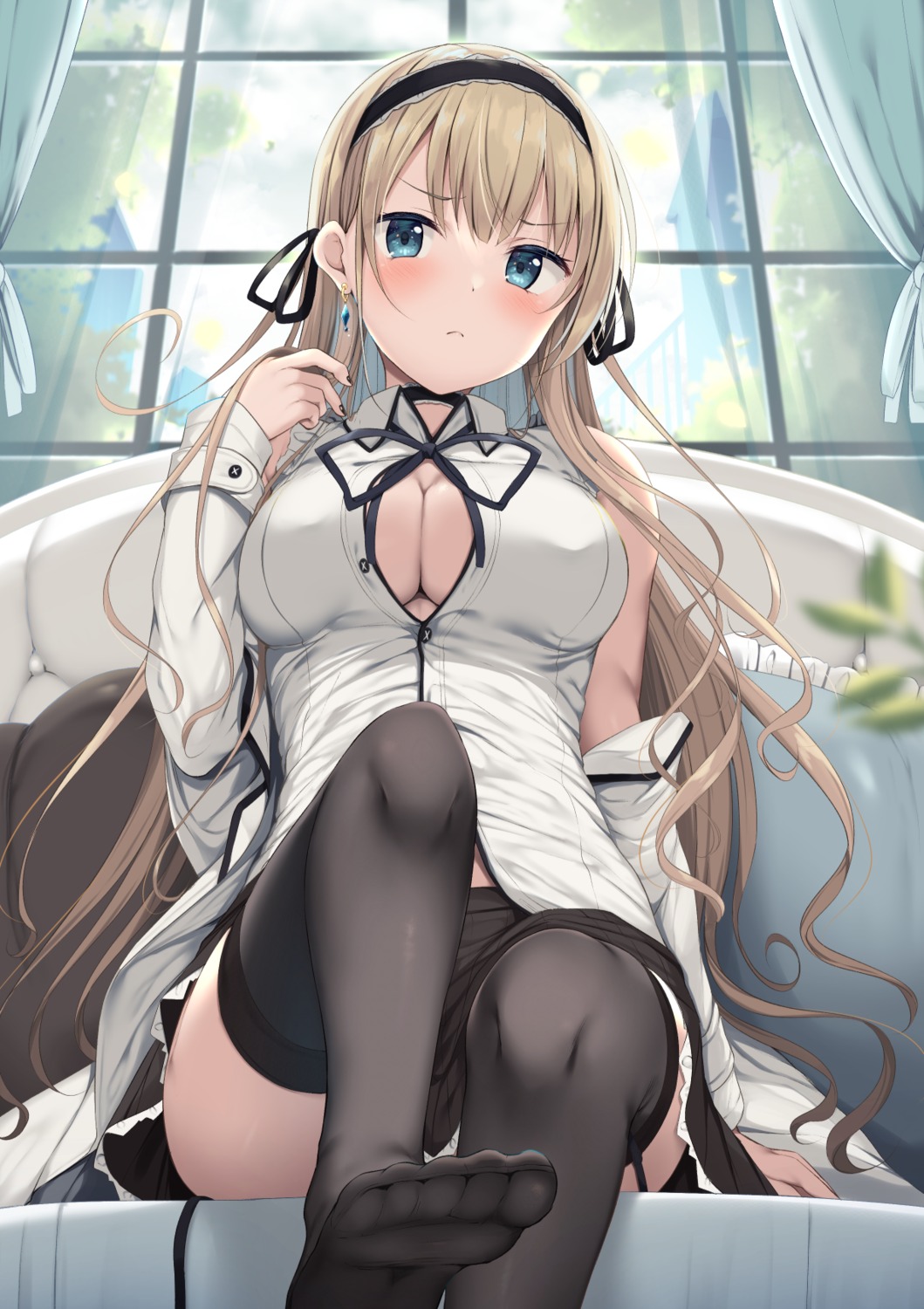 cleavage feet no_bra open_shirt skirt_lift stockings thighhighs tomoo