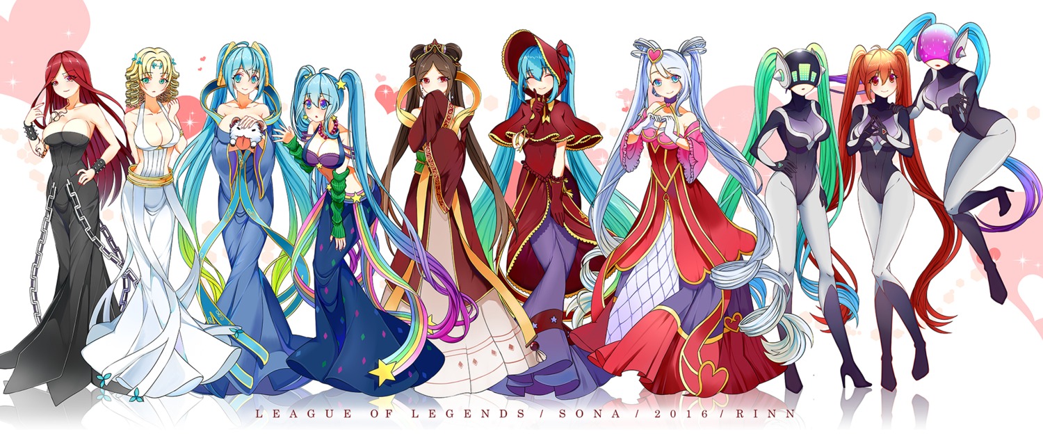 asian_clothes bodysuit character_design cleavage dress heels huayue league_of_legends no_bra poro_(league_of_legends) sona_buvelle