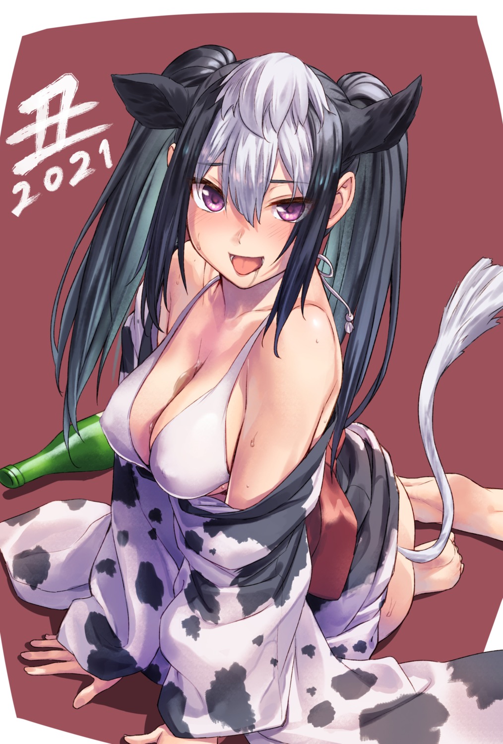 animal_ears bikini bikini_top cleavage erect_nipples japanese_clothes nopan oozora_wakaba open_shirt sake skirt_lift swimsuits tail yukata