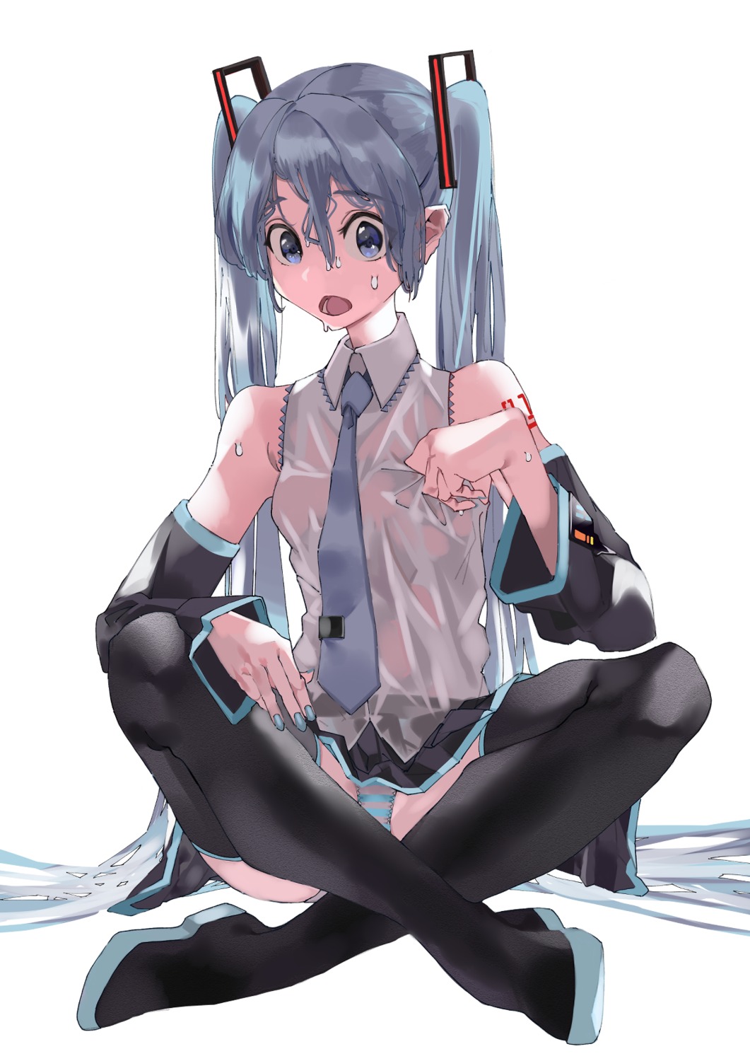 ekitabu_hoshii hatsune_miku pantsu see_through shimapan skirt_lift thighhighs vocaloid wet wet_clothes