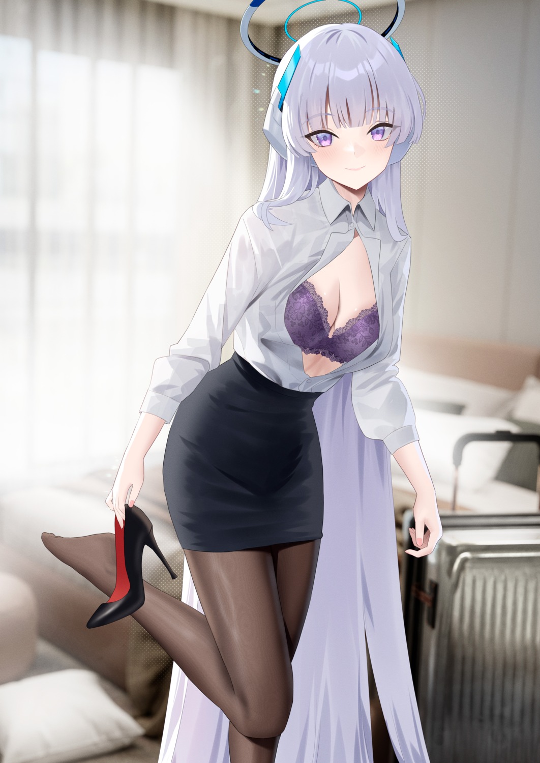 blue_archive bra cirilla dress_shirt halo heels open_shirt pantyhose ushio_noa