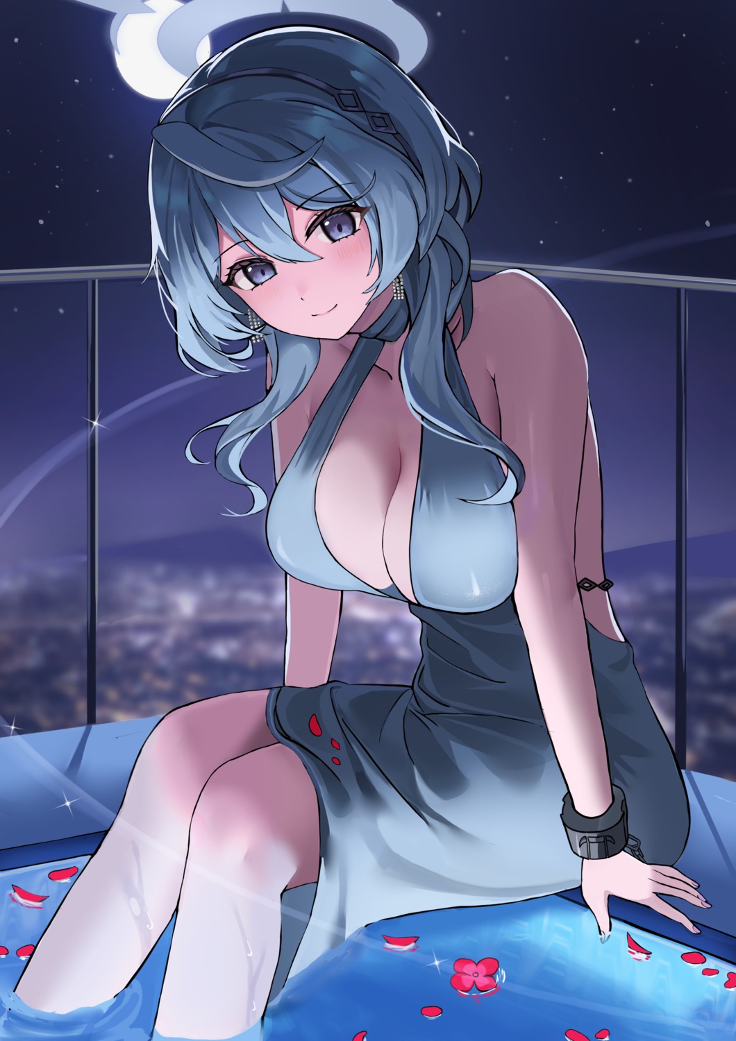 amau_ako blue_archive dress halo lemontea_(ekvr5838) no_bra wet