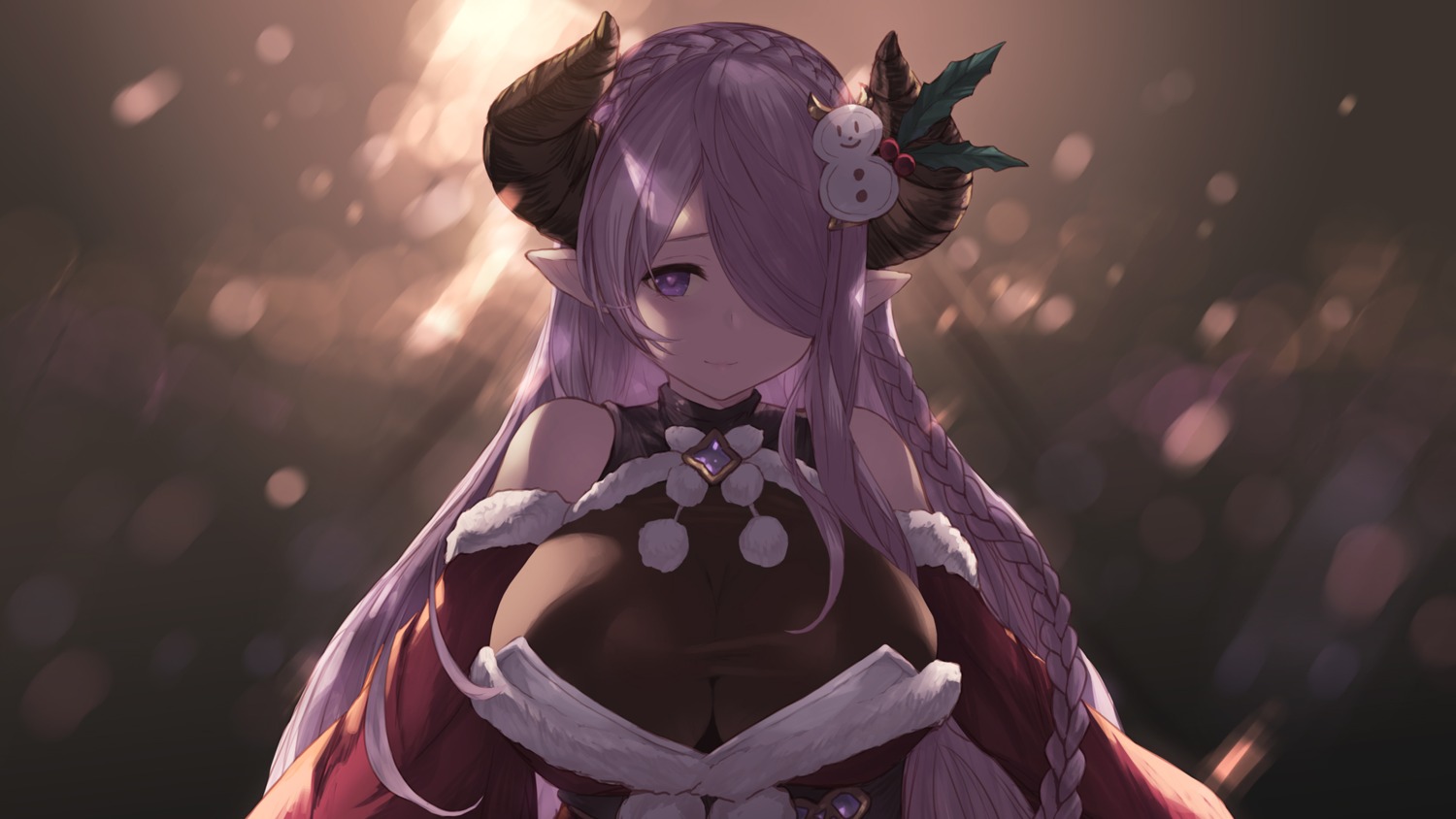 cait christmas cleavage granblue_fantasy horns narumeia_(granblue_fantasy) no_bra pointy_ears see_through