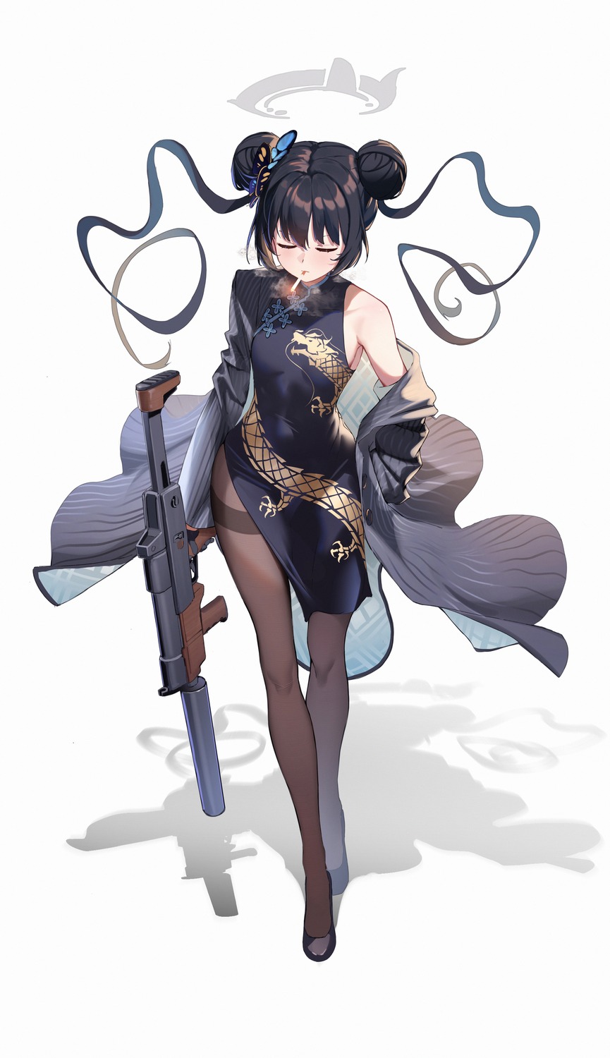 blue_archive chinadress gun halo no_bra pantyhose ryuuge_kisaki smoking xintianou