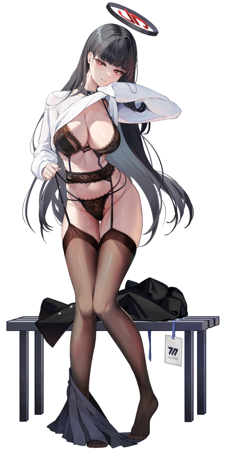 blue_archive bra garter_belt halo pantsu refla shirt_lift stockings thighhighs tsukatsuki_rio undressing