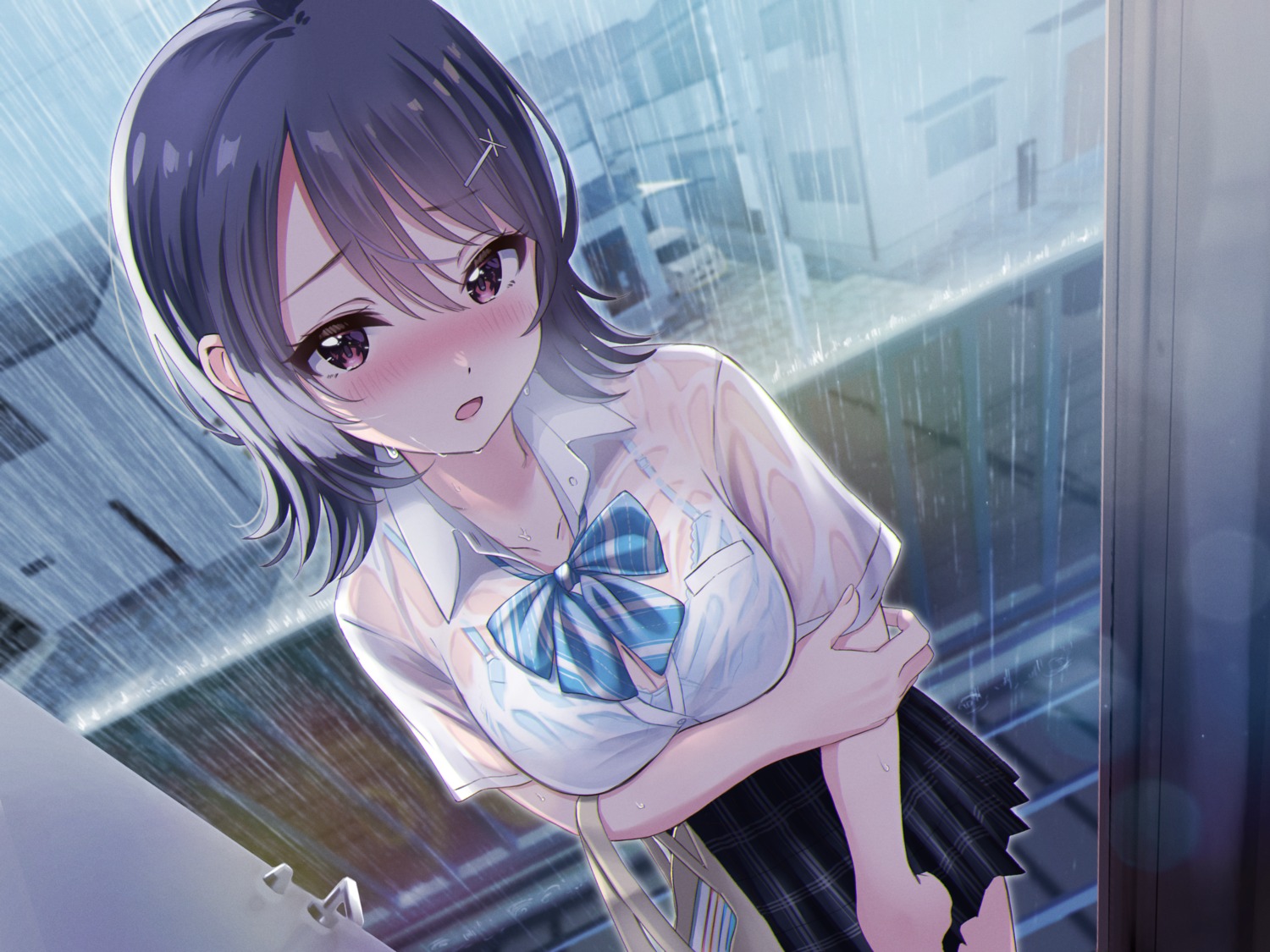 bra breast_hold cleavage see_through seifuku shiokazunoko wet wet_clothes