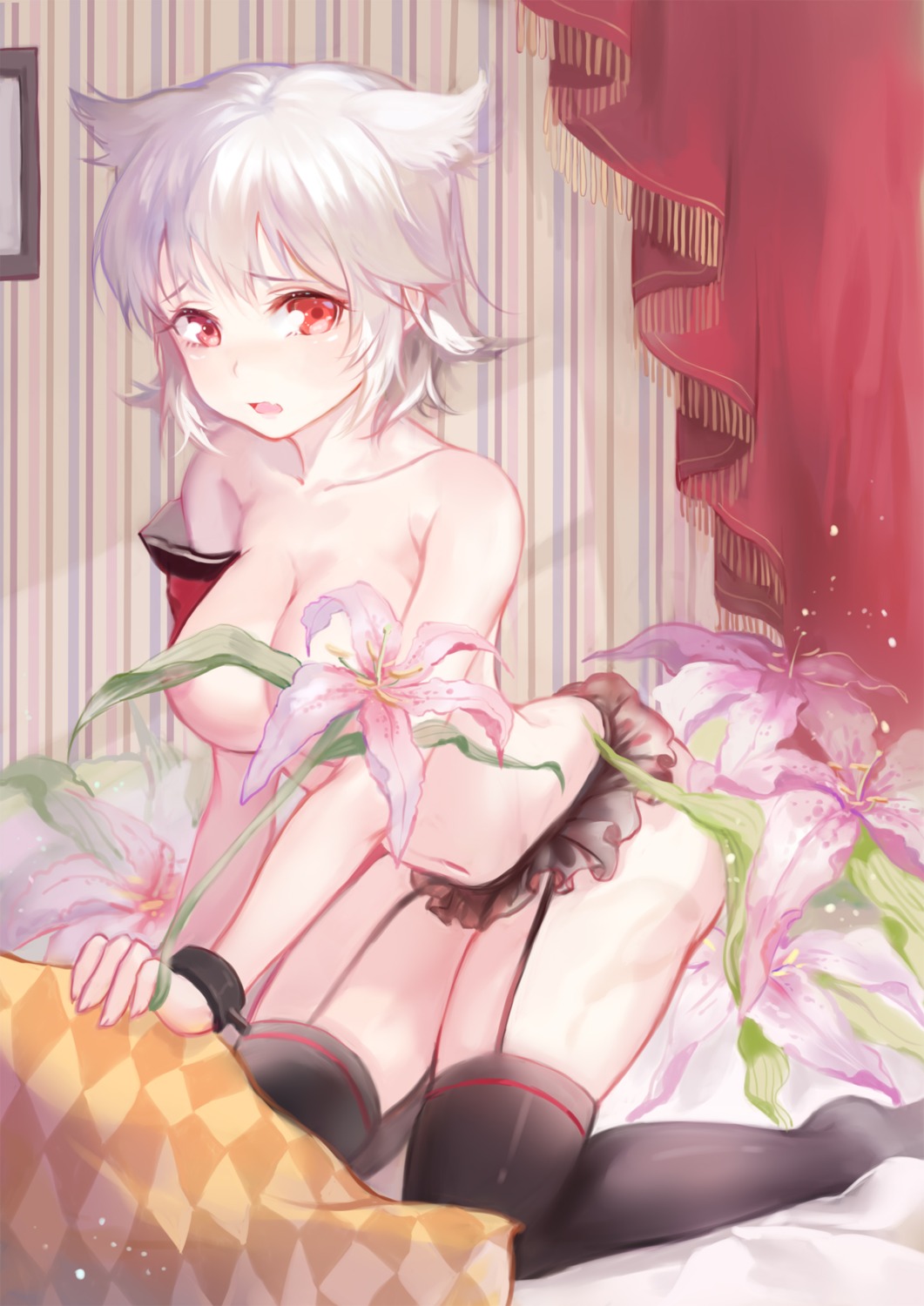 animal_ears areola maccha_(mochancc) pantsu see_through stockings thighhighs topless