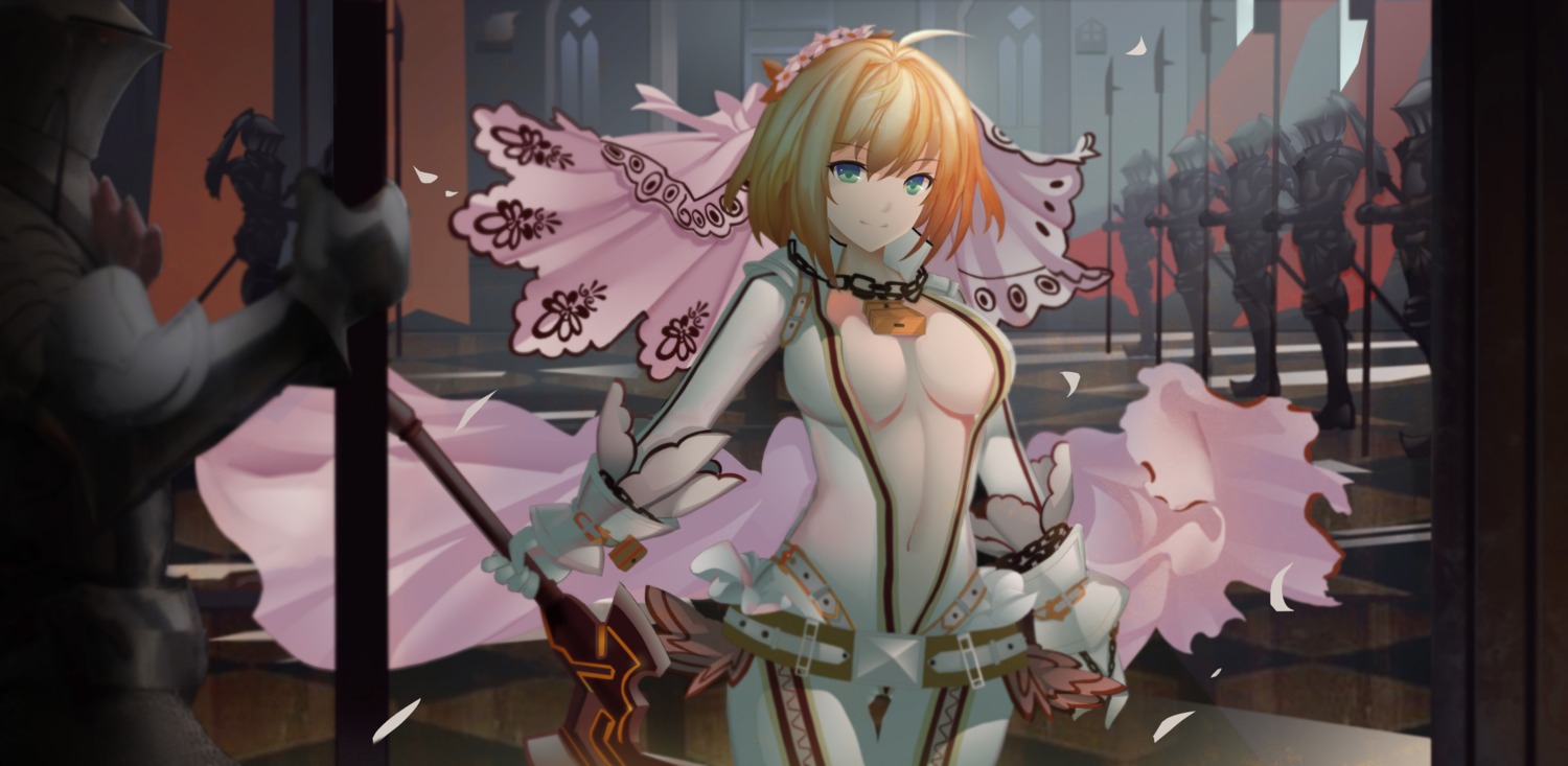 armor bodysuit cleavage dress fate/grand_order magician_(china) no_bra open_shirt saber_bride saber_extra underboob weapon wedding_dress