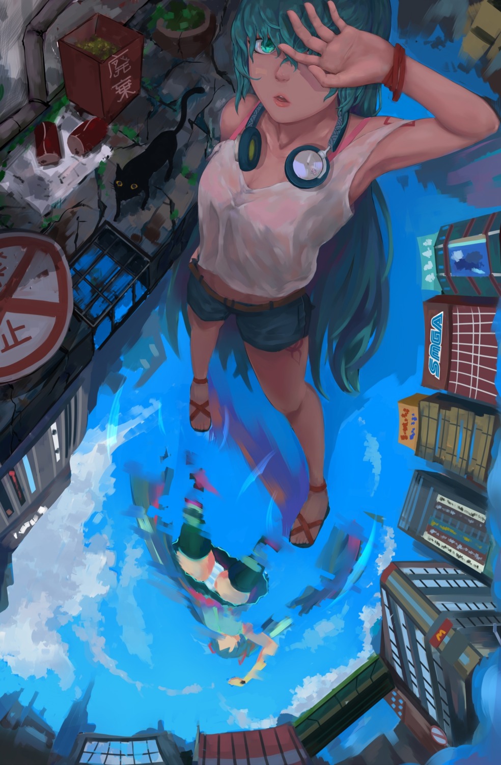 bra cleavage hatsune_miku headphones papa see_through tattoo vocaloid wet_clothes