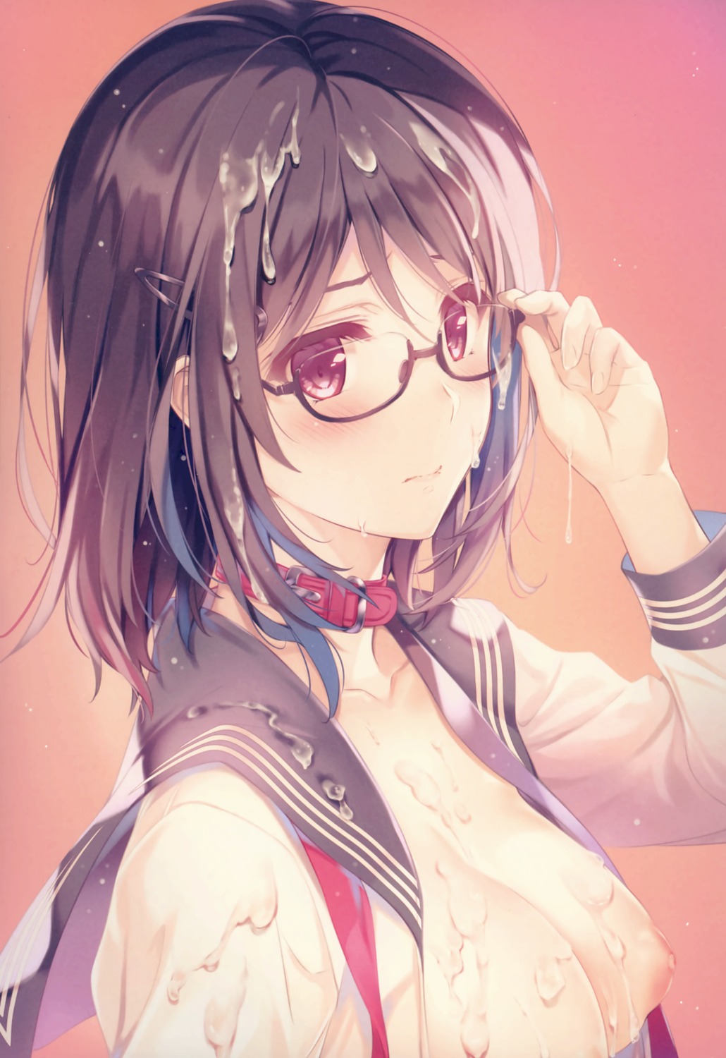 breasts comic_aun comic_aun_glasses_girl cum megane misaki_kurehito nipples no_bra open_shirt seifuku