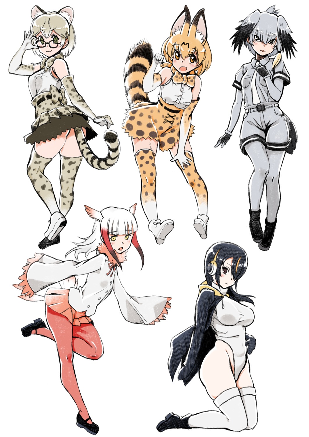 animal_ears crested_ibis emperor_penguin kemono_friends leotard margay_(kemono_friends) megane pantyhose saruchitan serval shoebill tail thighhighs wings